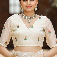 Twirling Beige Embroidery Work Chiffon Silk Saree With Brood Blouse Piece