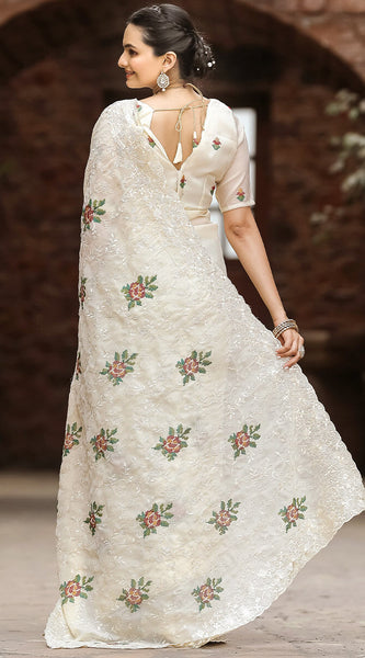 Twirling Beige Embroidery Work Chiffon Silk Saree With Brood Blouse Piece
