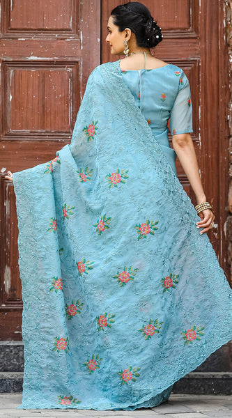 Murmurous Firozi Embroidery Work Chiffon Silk Saree With Devastating Blouse Piece