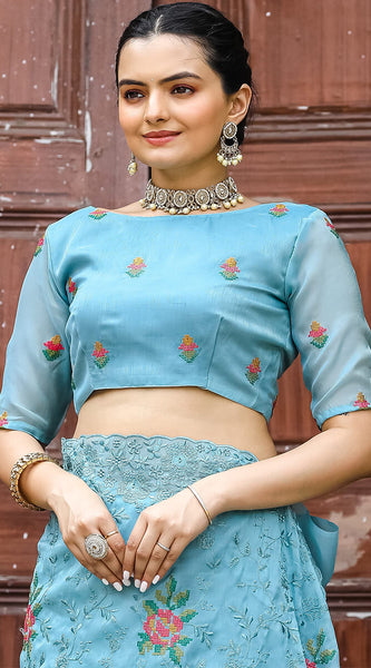Murmurous Firozi Embroidery Work Chiffon Silk Saree With Devastating Blouse Piece