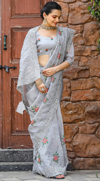 Magnificat Grey Embroidery Work Chiffon Silk Saree With Piquant Blouse Piece