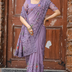 Resonant Lavender Embroidery Work Chiffon Silk Saree With Mellifluous Blouse Piece