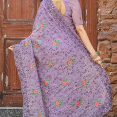 Resonant Lavender Embroidery Work Chiffon Silk Saree With Mellifluous Blouse Piece