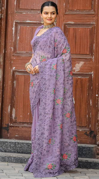 Resonant Lavender Embroidery Work Chiffon Silk Saree With Mellifluous Blouse Piece