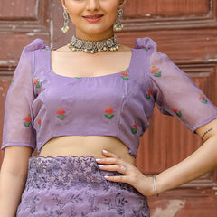 Resonant Lavender Embroidery Work Chiffon Silk Saree With Mellifluous Blouse Piece