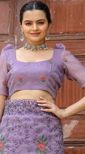 Resonant Lavender Embroidery Work Chiffon Silk Saree With Mellifluous Blouse Piece