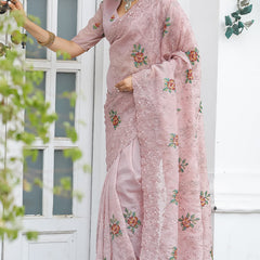 Zephyr Peach Embroidery Work Chiffon Silk Saree With Inimitable Blouse Piece