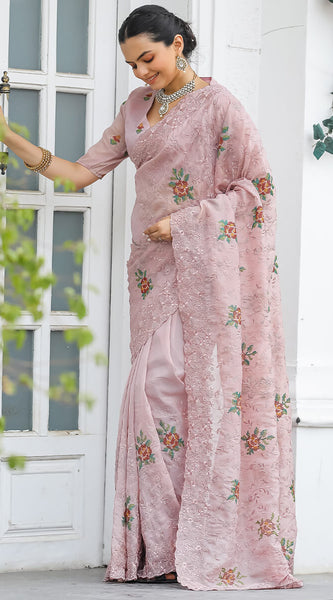 Zephyr Peach Embroidery Work Chiffon Silk Saree With Inimitable Blouse Piece