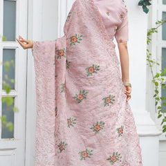 Zephyr Peach Embroidery Work Chiffon Silk Saree With Inimitable Blouse Piece