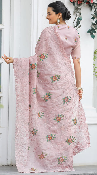 Zephyr Peach Embroidery Work Chiffon Silk Saree With Inimitable Blouse Piece