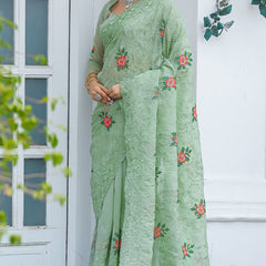 Eclat Pista Embroidery Work Chiffon Silk Saree With Rhapsodic Blouse Piece