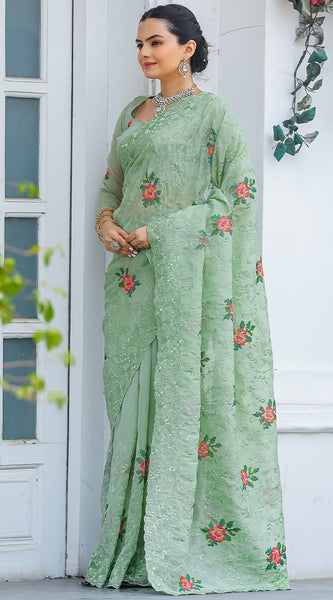 Eclat Pista Embroidery Work Chiffon Silk Saree With Rhapsodic Blouse Piece