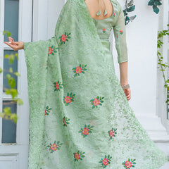 Eclat Pista Embroidery Work Chiffon Silk Saree With Rhapsodic Blouse Piece
