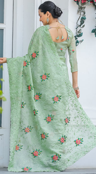 Eclat Pista Embroidery Work Chiffon Silk Saree With Rhapsodic Blouse Piece