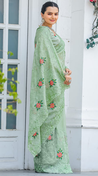 Eclat Pista Embroidery Work Chiffon Silk Saree With Rhapsodic Blouse Piece