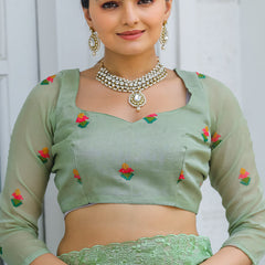 Eclat Pista Embroidery Work Chiffon Silk Saree With Rhapsodic Blouse Piece
