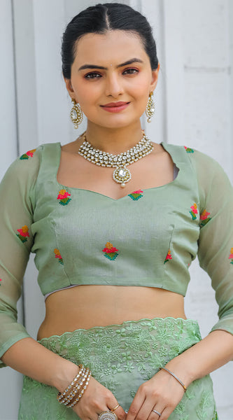 Eclat Pista Embroidery Work Chiffon Silk Saree With Rhapsodic Blouse Piece