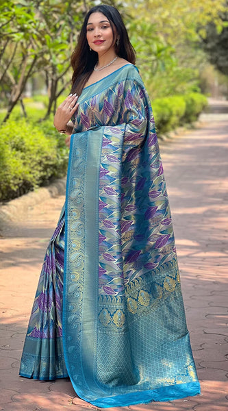 Gorgeous Firozi Kanjivaram Silk Saree With Stylish Blouse Piece