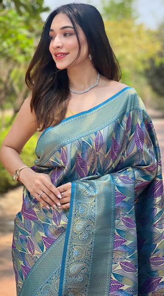 Gorgeous Firozi Kanjivaram Silk Saree With Stylish Blouse Piece