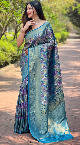 Gorgeous Firozi Kanjivaram Silk Saree With Stylish Blouse Piece