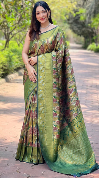 Invaluable Green Kanjivaram Silk Saree With Intricate Blouse Piece