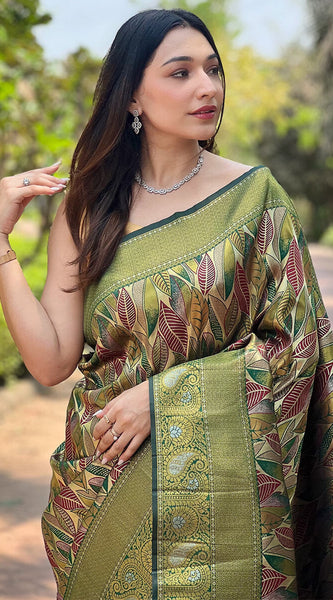 Invaluable Green Kanjivaram Silk Saree With Intricate Blouse Piece