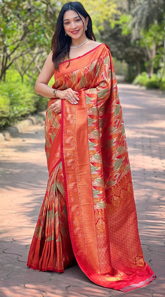 Opulent Red Kanjivaram Silk Saree With Mesmeric Blouse Piece