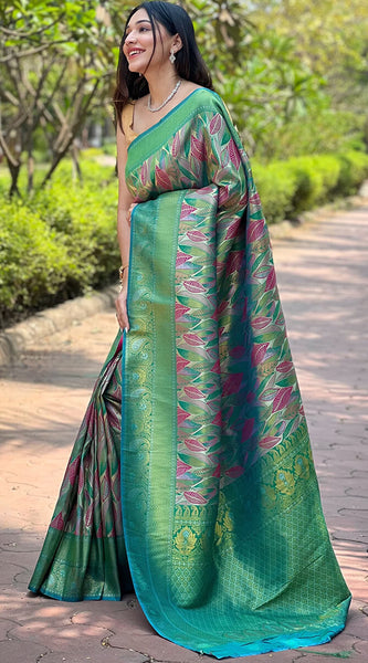 Twirling Sea Green Kanjivaram Silk Saree With Super Classy Blouse Piece