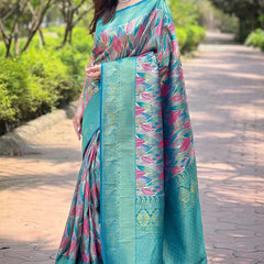 Admirable Turquoise Kanjivaram Silk Saree With Dissemble Blouse Piece