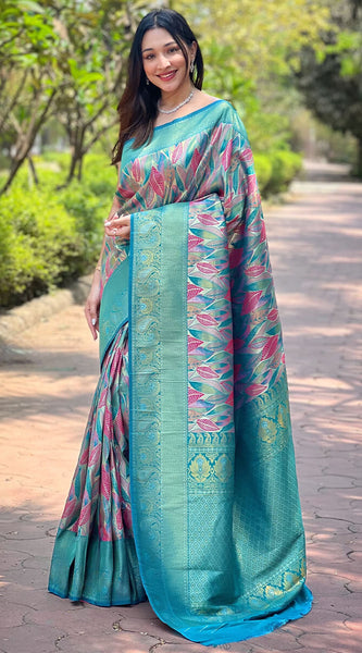 Admirable Turquoise Kanjivaram Silk Saree With Dissemble Blouse Piece