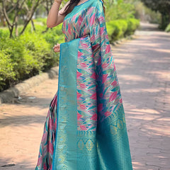 Admirable Turquoise Kanjivaram Silk Saree With Dissemble Blouse Piece