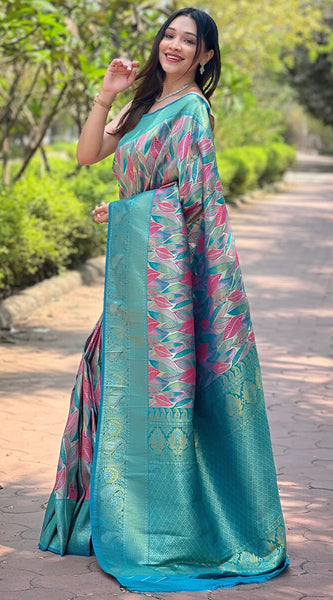 Admirable Turquoise Kanjivaram Silk Saree With Dissemble Blouse Piece