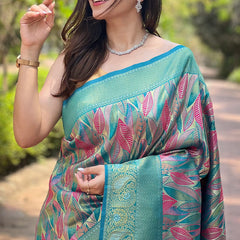 Admirable Turquoise Kanjivaram Silk Saree With Dissemble Blouse Piece