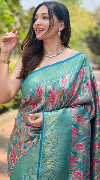 Admirable Turquoise Kanjivaram Silk Saree With Dissemble Blouse Piece