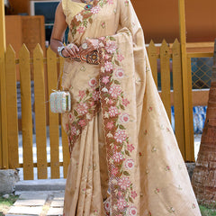 Fragrant Beige Embroidery Work Soft Silk Saree With Woebegone Blouse Piece