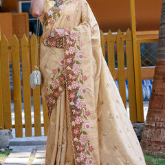 Fragrant Beige Embroidery Work Soft Silk Saree With Woebegone Blouse Piece