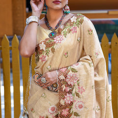 Fragrant Beige Embroidery Work Soft Silk Saree With Woebegone Blouse Piece
