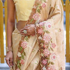 Fragrant Beige Embroidery Work Soft Silk Saree With Woebegone Blouse Piece