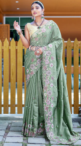 Sophisticated Teal Green Embroidery Work Soft Silk Saree With Classy Blouse Piece