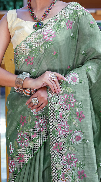 Sophisticated Teal Green Embroidery Work Soft Silk Saree With Classy Blouse Piece