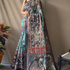 Demesne Firozi Kalamkari Printed Saree With Sumptuous Blouse Piece