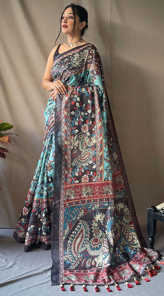 Demesne Firozi Kalamkari Printed Saree With Sumptuous Blouse Piece