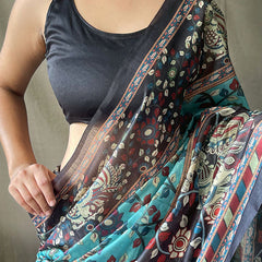 Demesne Firozi Kalamkari Printed Saree With Sumptuous Blouse Piece