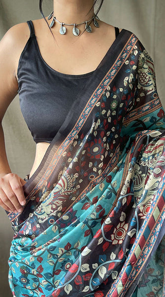 Demesne Firozi Kalamkari Printed Saree With Sumptuous Blouse Piece