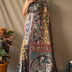 Epiphany Mustard Kalamkari Printed Saree With Brood Blouse Piece
