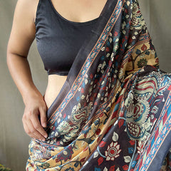 Epiphany Mustard Kalamkari Printed Saree With Brood Blouse Piece