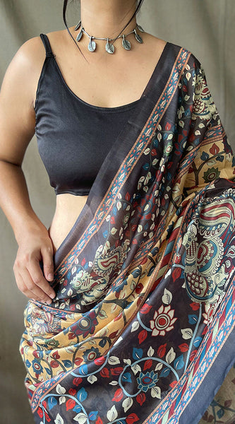Epiphany Mustard Kalamkari Printed Saree With Brood Blouse Piece