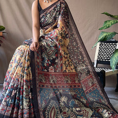 Epiphany Mustard Kalamkari Printed Saree With Brood Blouse Piece