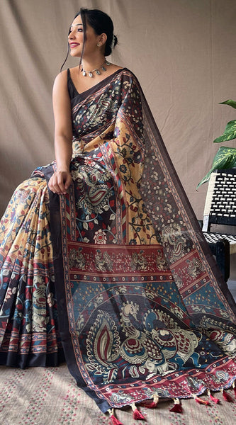 Epiphany Mustard Kalamkari Printed Saree With Brood Blouse Piece