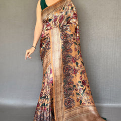 Inspiring Peach Kalamkari Printed Soft Silk Saree With Exceptional Blouse Piece